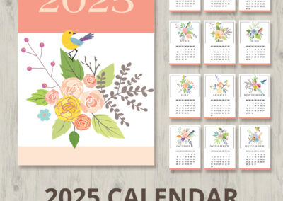 2025 Monthly Calendar Printable with floral and bird motif